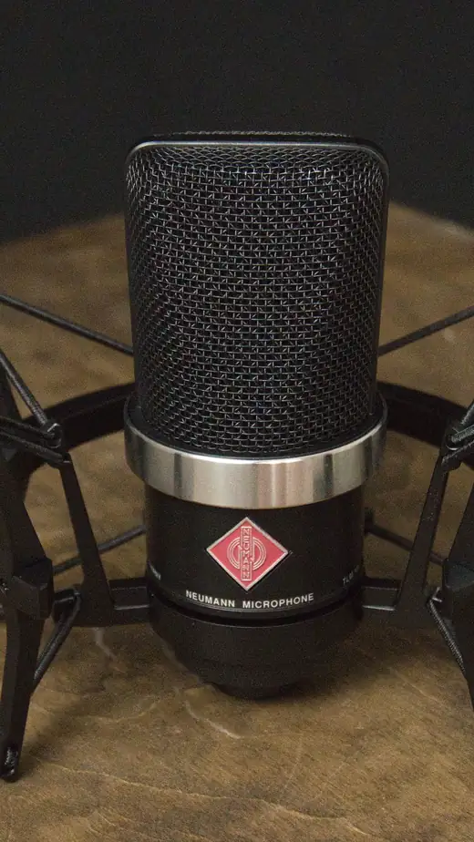 A studio microphone in a shock mount on a wooden table.